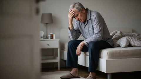 n elderly man sitting on the edge of a bed in pajamas, looking tired or concerned with his hand on his forehead.