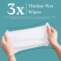 Hands holding a thick wet wipe with text about 3x thicker wipes on a teal background.