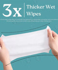 Hands holding a thick wet wipe with text about 3x thicker wipes on a teal background.