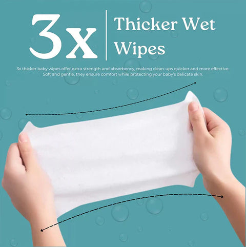 Hands holding a thick wet wipe with text about 3x thicker wipes on a teal background.