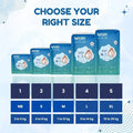 Visual guide to choose the right diaper size, showing Lyfcare Luxurious Baby Pants packages from NB to XL, with corresponding size numbers (1-5) and weight ranges (2-25 kg)