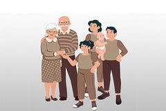 A stylized vector illustration of a multi-generation family group, including grandparents, parents, and children, standing together against a light gray gradient background.