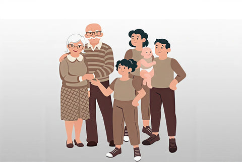 A stylized vector illustration of a multi-generation family group, including grandparents, parents, and children, standing together against a light gray gradient background.