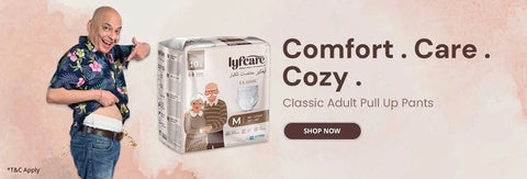 Promotional banner offering a 10% discount on all products for first-time buyers. The image displays various Lyfcare adult diaper packages against a pastel background with greenery and rocks.
