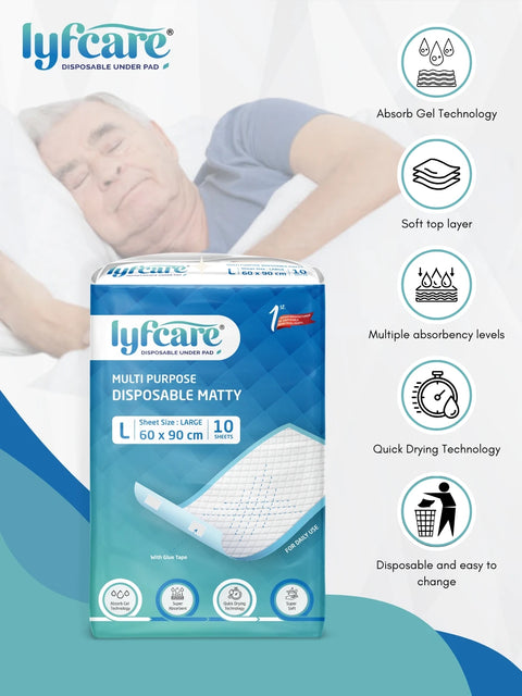 Lyfcare Multi Purpose Disposable Matty under pads, Large size (60 x 90 cm), with 10 sheets, highlighting features like Absorb Gel Technology, soft top layer, and Quick Drying Technology