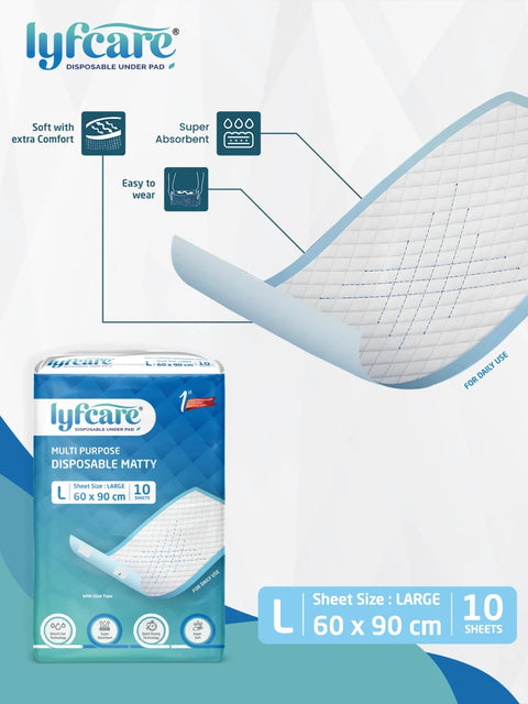 Lyfcare Multi Purpose Disposable Matty under pad in Large size (60 x 90 cm), highlighting its soft, super absorbent, and easy-to-use design for daily use