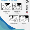Usage instructions for the disposable matty: Unwrap, Position, Use the Matty, and Dispose of it. Includes warnings for no reuse and no latex