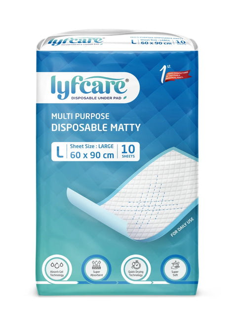 A packages of lyfcare multi-purpose disposable matts on a white background