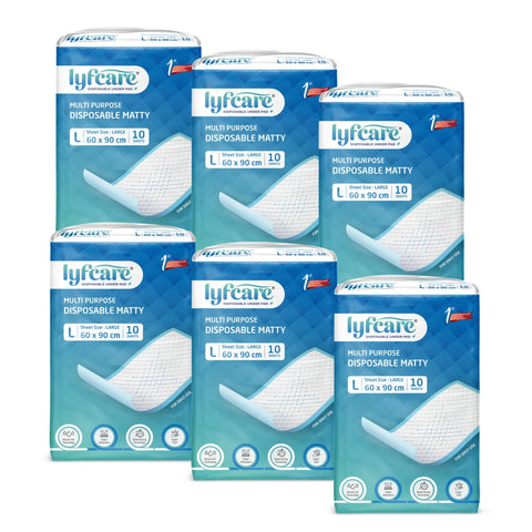 Six packages of lyfcare multi-purpose disposable matts on a white background