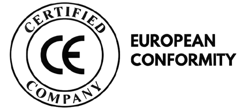 A black and white graphic showing a circular 'Certified Company' emblem with a CE mark in the center, alongside the text 'EUROPEAN CONFORMITY'.