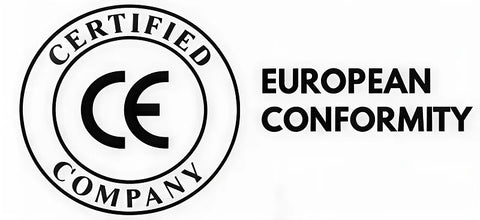 A black and white graphic showing a circular 'Certified Company' emblem with a CE mark in the center, alongside the text 'EUROPEAN CONFORMITY'.