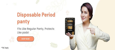 A promotional banner for a disposable period panty. On the right, a woman in a cream-colored blazer holds up a black and gold product package and points to it.