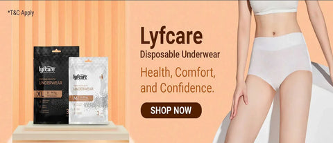 Lyfcare disposable underwear packaging shown beside a model wearing white underwear, with promotional text on a peach background.