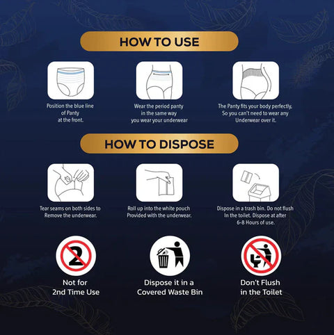 Instructions for Nupanty Period Panty: Position blue line at the front, wear like underwear (no need for extra underwear), tear seams to remove, roll into the white pouch, and dispose in a trash bin after 6-8 hours (Do not flush). Not for 2nd Time Use