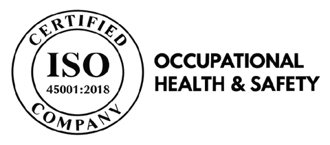 ISO 45001:2018 Occupational Health & Safety Certified Company badge in black on a white background.