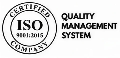 ISO 9001:2015 certified quality management system badge next to bold black text reading 'CERTIFIED ISO 9001:2015 QUALITY MANAGEMENT SYSTEM' on a white background.
