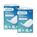 Two packages of lyfcare multi-purpose disposable matts on a white background
