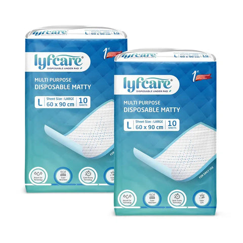 Two packages of lyfcare multi-purpose disposable matts on a white background