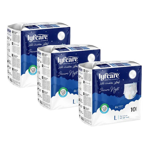 A three pack bundle of Lyfcare Secure Night Adult Pull Up Pants, size L with 10 units per pack