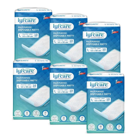 Six packages of lyfcare multi-purpose disposable matts on a white background