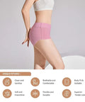 Person wearing a pink shapewear product with text highlighting features on a gray background