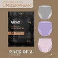 LyfCare disposable elastic underwear packaging with a sample underwear in three colors: gray, pink, and white.