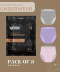 Pack of disposable elastic underwear with packaging on a brown background