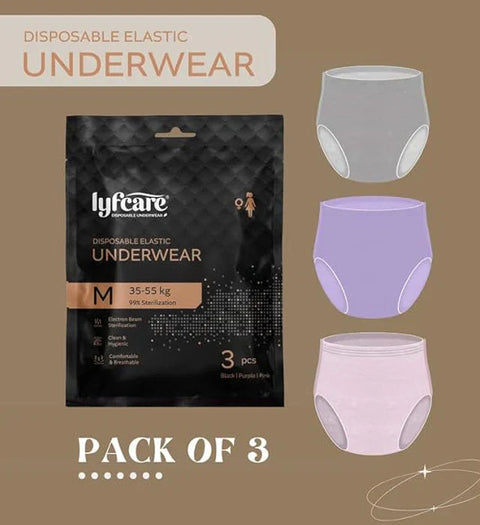 LyfCare disposable elastic underwear packaging with a sample underwear in three colors: gray, pink, and white.