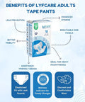 Lyfcare adults tape pants packaging with benefits listed on a light blue background