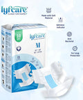Lyfcare tape diaper packaging with product features on a light blue background
