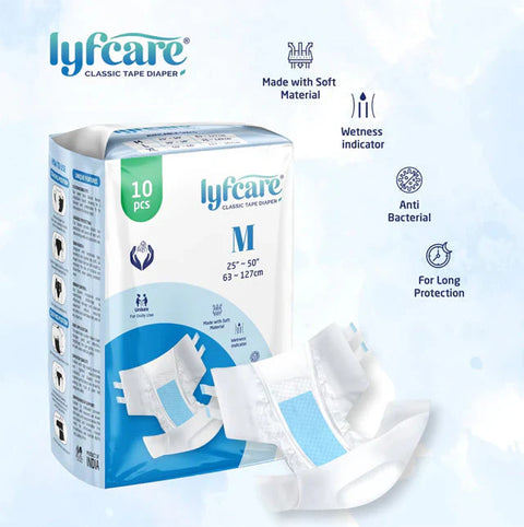 Detailed diagram of the Lyfcare Classic Tape Diaper structure, labeling components such as Soft non-woven surface, Leak Guard or leg cuff, Front Tape, Soft breathable PE film backsheet, and PP Tape or Velcro Tape