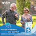 Lyfcare Classic Tape Diaper, Size XL, 10 pcs, shown next to a smiling elderly couple jogging outdoors. Highlights 24-hour All-day Protection and Comfort with breathable, soft cloth-like material that wicks moisture away