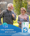 Man and woman walking outdoors with lyfcare product packaging, emphasizing protection and comfort.
