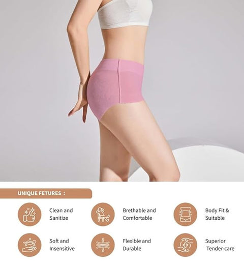 Light pink high-waisted women's underwear on model, thin and lightweight, breathable, soft, flexible, body-fitting, and easy to sanitize