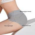 Product image of light grey, thin, and lightweight, high-waisted underwear on a model, highlighting its skin sensitivity-friendly fabric and elastic leg openings.