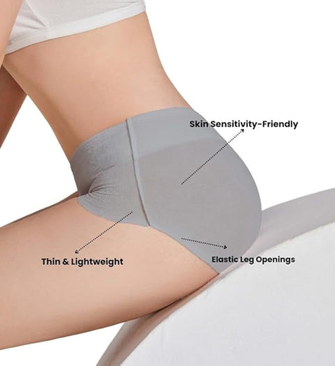 Product image of light grey, thin, and lightweight, high-waisted underwear on a model, highlighting its skin sensitivity-friendly fabric and elastic leg openings.