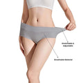 Light Gray high-waisted women's underwear on model, thin and lightweight, breathable Material, Stretchable & Adjustable