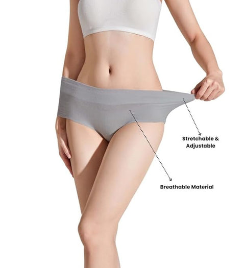 Light Gray high-waisted women's underwear on model, thin and lightweight, breathable Material, Stretchable & Adjustable