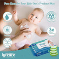 Lyfcare Baby Wet Wipes, 80 wipes, "Made Especially For Baby's Soft Skin" with Aloe Vera Extracts. Image features a cute baby with a pink headband and slices of aloe vera.