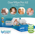 Lyfcare Baby Wet Wipes packaging shown open, illustrating four uses: Diaper Rash Prevention, Comfort During Illness, Cleaning Up After Playtime, and Freshening Up After Spills. Highlights 80 wipes with Aloe Vera