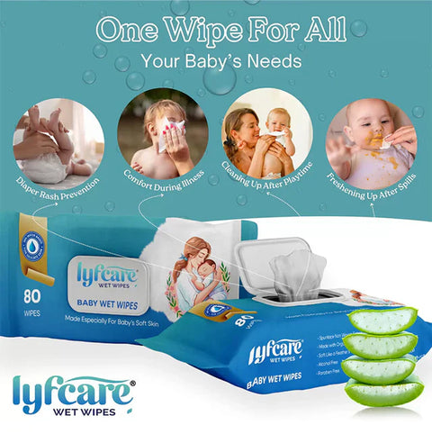 Lyfcare Baby Wet Wipes packaging shown open, illustrating four uses: Diaper Rash Prevention, Comfort During Illness, Cleaning Up After Playtime, and Freshening Up After Spills. Highlights 80 wipes with Aloe Vera