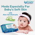Lyfcare Baby Wet Wipes used on a baby's skin, highlighting key features: 99% Water Baby Wipes, No Toxins, Paraben Free, Biodegradable, and 3X Thicker Material