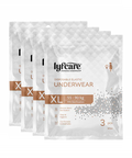 Three packages of lyfcare disposable elastic underwear on a white background