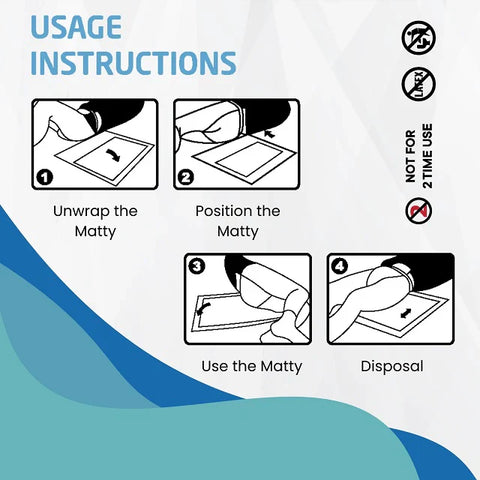 Usage instructions for the disposable matty: Unwrap, Position, Use the Matty, and Dispose of it. Includes warnings for no reuse and no latex