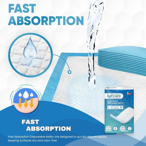 Lyfcare Multi Purpose Disposable Matty under pad in Large size (60 x 90 cm), highlighting its soft, super absorbent, and easy-to-use design for daily use