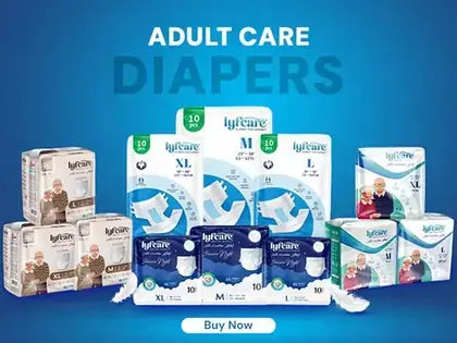 A brand banner displaying a variety of Lyfcare adult care products, including pull-up pants and "Secure Night" diapers, on a green pedestal. The text on the right reads "lyfcare: Your Partner in Comfort