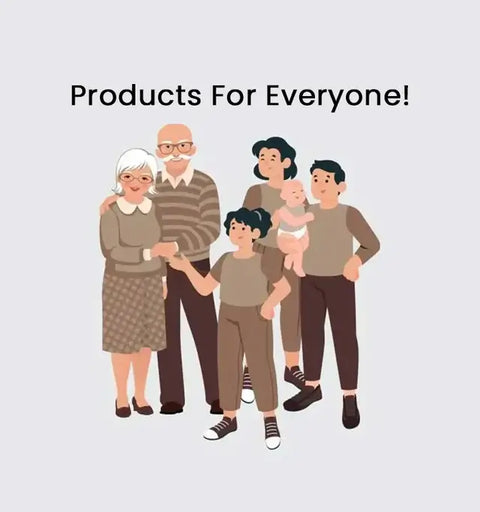 Illustration showing hygiene products suitable for all age groups including elderly, adults, children, and a baby