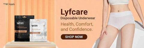An advertisement for Lyfcare Disposable Underwear showing a black "XL" package and a white "M" package. A woman is seen wearing the white disposable underwear, emphasizing "Health, Comfort, and Confidence.