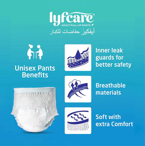 Lyfcare Adult Unisex Pull-Up Pants benefits illustrated: Inner leak guards for better safety, Breathable materials, and Soft with extra Comfort, shown next to an image of the pull-up pant