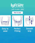 Instructional diagram on how to wear lyfcare adult pull-up pants with text on a blue background.
